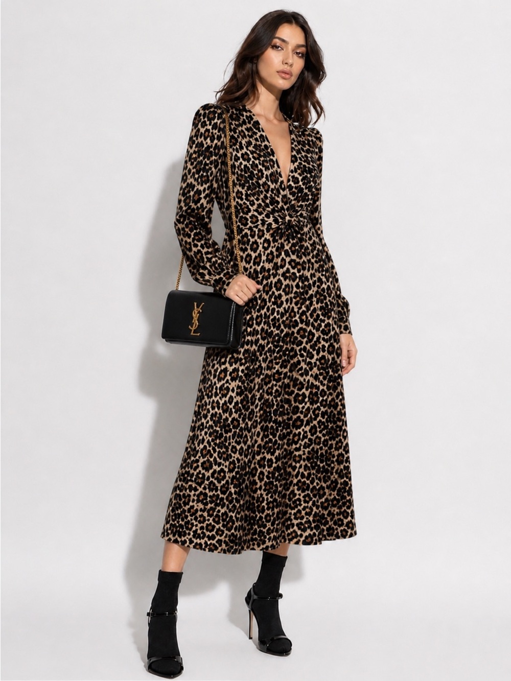FARM Rio Leopard Print Midi Dress in Brown and Black
